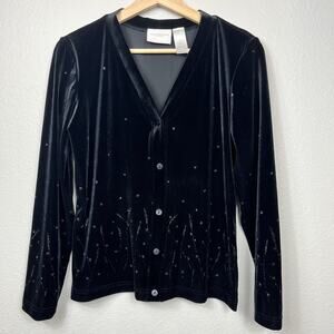 Lauren Ralph Lauren Velvet Long Sleeve Top Small Black Button Sparkle Fairygoth